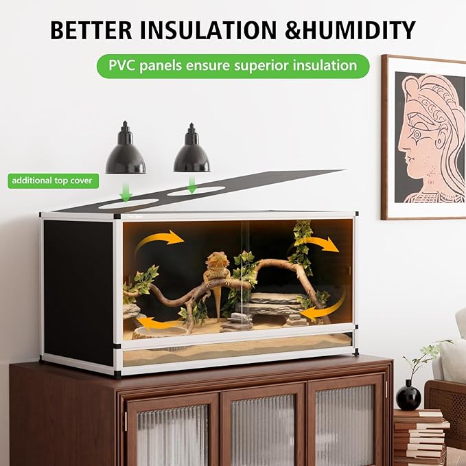 120 Gallon Bearded Dragon PVC Reptile Enclosure, 48 x 24 x 24 Inch Tank with Front Sliding Doors, Top Ventilation, Easy-Clean Large Terrarium