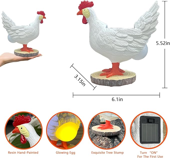 Solar Garden Statues Outdoor Decor - Miniature Chicken Egg Lamp Figurine Thanksgiving Decorations Chickens Lights with Egg in Butt LED 3D Sculpture for Patio, Lawn - Unique Christmas Housewarming Gift