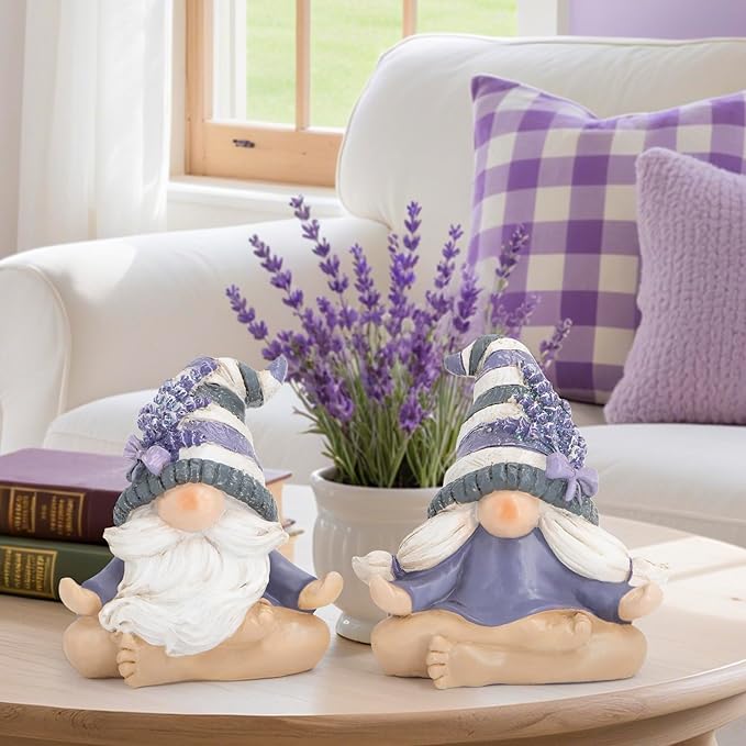 Hodao 2PCS Zen Lavender Meditation Gnomes Figurines Set- Yoga Themed Inspired Home Table & Shelf Decor for Relaxation & Serene Living Spaces Yoga Lavender Decor Retirement Gifts for Women (Grey)