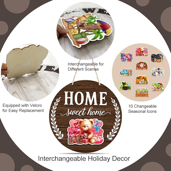 Interchangeable Welcome Sign Valentine's Day Front Porch Decor, Rustic Round Wood Wreath Door Decoration, Home Sweet Home Sign for Spring Summer Fall Winter All Seasons Holiday, Dark Brown