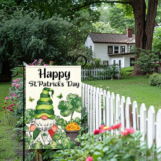 Happy St Patricks Day Garden Flag 12x18 Inch Double Sided,Gnome Shamrocks Outdoor Irish Decor House Porch Flag for St Patrick's Day Party and Yard Decorations