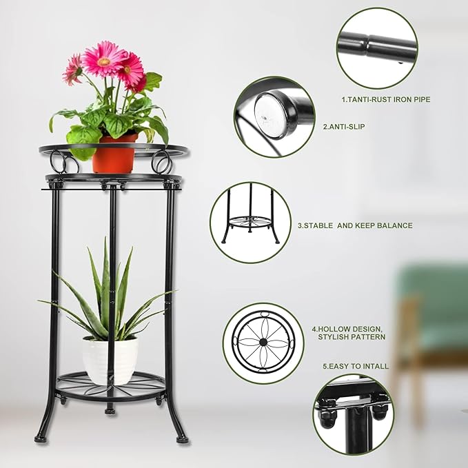 Indoor Outdoor Metal Plant Stand Christmas Gift,20.3" Heavy Duty Flower Pot Stands for Multiple Plant,2 Tier Modern Flower Pot Stand Holder Rack Planter Display for Patio Garden Balcony(2 Pack Black)