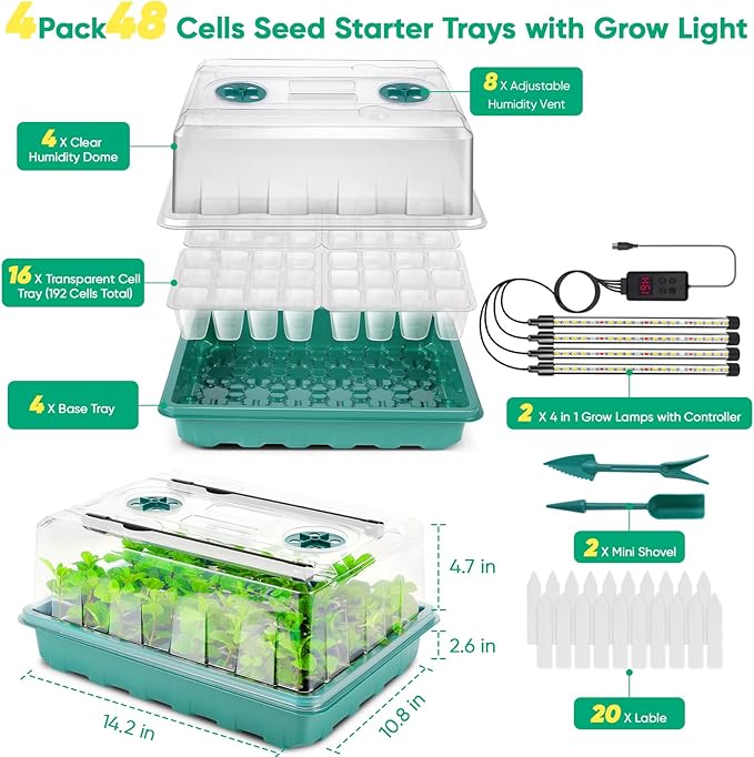 192 Cells Seed Starter Tray with Grow Light, Seed Starter Kit with Adjustable Humidity Dome, Seed Starting Trays Plant Starter Kit for Seeds Growing Starting, Indoor Gardening, Greenhouse