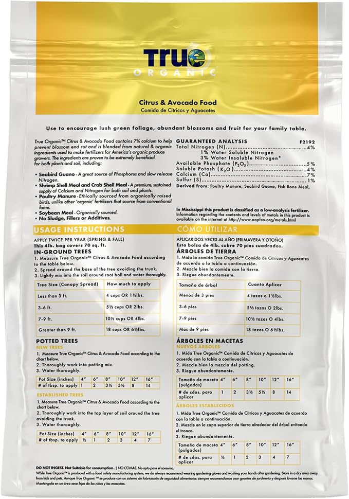 True Organic Citrus & Avocado Food – Organic Fertilizer for Lush Foliage and Abundant Fruit – 12lb Bag Covers 210 Sq. Ft.