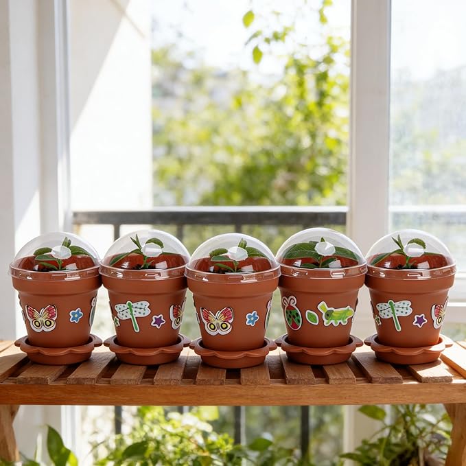 25 Packs Cupcake Plant Nursery Pots with Humidity Dome, Small Plastic Flower Plant Pots with Foam Stickers, Seeds Starter Pot Flower Planting Container for Seedlings Succulent Display (Wine Red)