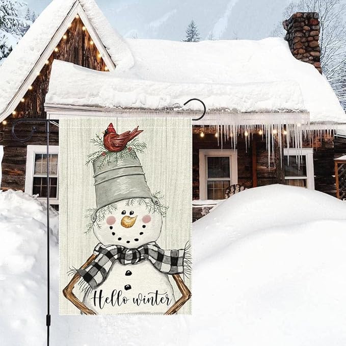 Snowman Cardinal Hello Winter Garden Flag 12x18 Inch Double Sided, Winter Holiday Yard Outdoor Flag