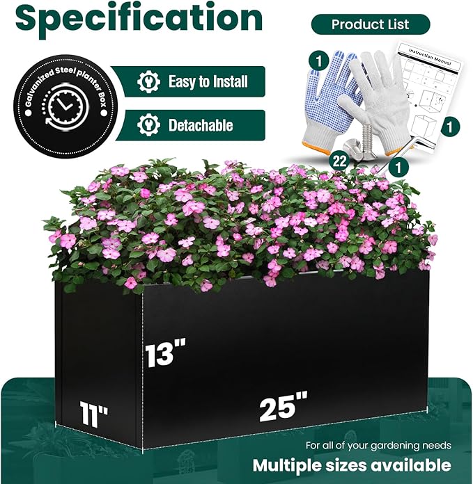 GZGNEEVL Metal Rectangular Planter Black Galvanized Steel Rectangle Indoor Planter Box Large Outdoor Planters Steel 25" L x 11" W x 13" H Commercial Residential for Patio, Yard, Garden