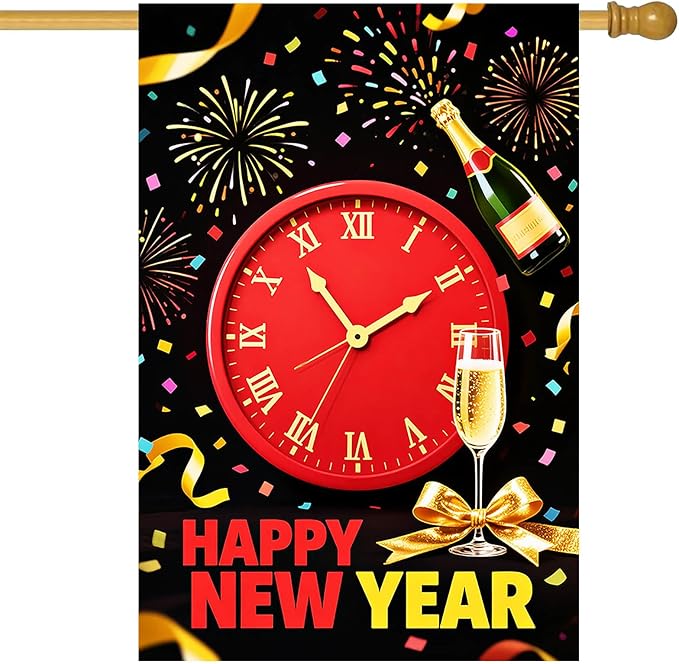 Happy New Year House Flag 28x40 Inch Red Clock Champagne Bottle and Fireworks Garden Flag Colorful Outdoor Yard Decoration Holiday Celebration Banner for Home Porch Lawn