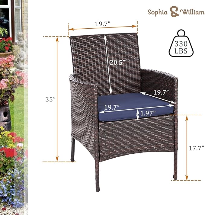 Sophia & William Wicker Patio Chairs Set of 2, 2 Pcs All-Weather Rattan Outdoor Dining Chairs with Seat Cushions