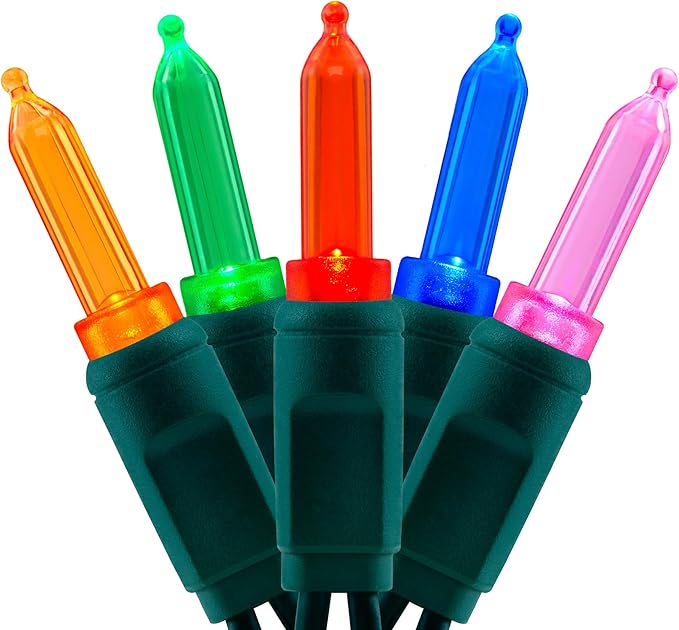 YULETIME 100 Multicolor One-Piece T5 LED Christmas Lights, 33 ft High Waterproof UL Certified Green Wire String Lights (Multicolor)
