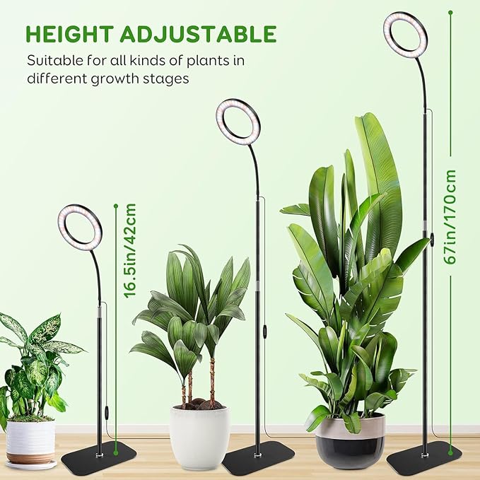 LPMZMBL One Head Grow Lights for Indoor Plant Full Spectrum, Plant Lights for Indoor Growing with 3/9/12 Timer, 5 Dimmable Levels, Height Adjustable 16.5''-68", Strong Base for Large Plants