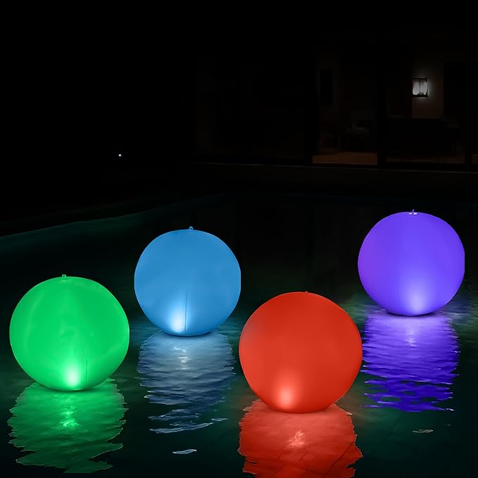 NAYUNA 4 Pack - Solar LED Floating Pool Lights - 14-Inch Inflatable Waterproof Decorative Balls with 16 Color-Changing Glow, Durable and Eco-Friendly for Pools, Patios, Gardens and Events