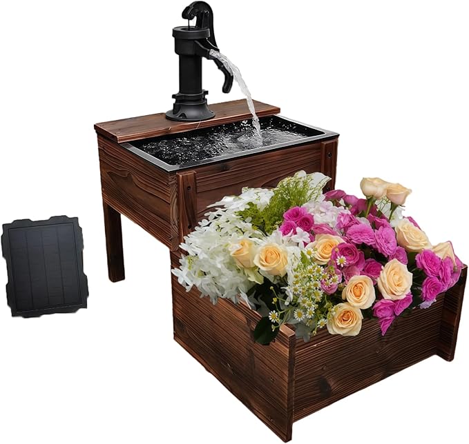 Outdoor Water Fountain，Floor Wooden Rectangular Double-Layer Old-Fashioned Pump Fountain with Flower Box，Solar-Powered Electric Decorative Hand Pump，Outdoor Water Feature for Garden Patio Backyard