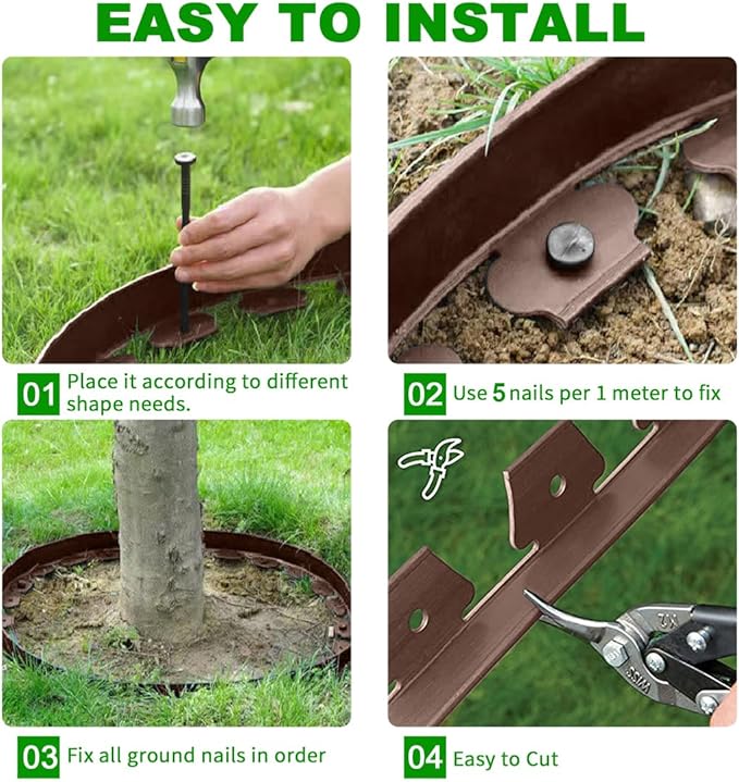 Landscape Edging 33ft,Garden Edging Borders[Extra Tall 4IN ] Flexible Lawn Edging Kit with Total 50pcs Spikes, Heavy Duty Landscaping Edge Plastic Fence for Tree Yard Grass Flower Bed -Brown