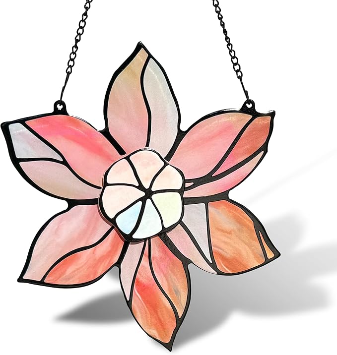 DASTOLL Stained Glass Window Hanging - Pink Flowers Suncatchers for Windows Hanging Floral Sun Catcher for Plant Lovers Anniversary Love Gift