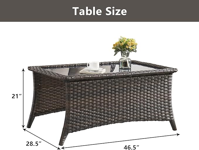 Belord Patio Coffee Table Outdoor Rectangular Glass Table, Handwoven Rattan Patio Furniture Brown Wicker Coffee Table Compatible with Patio Chairs and Sofa Sets for Backyard Sunroom Outside Lawn