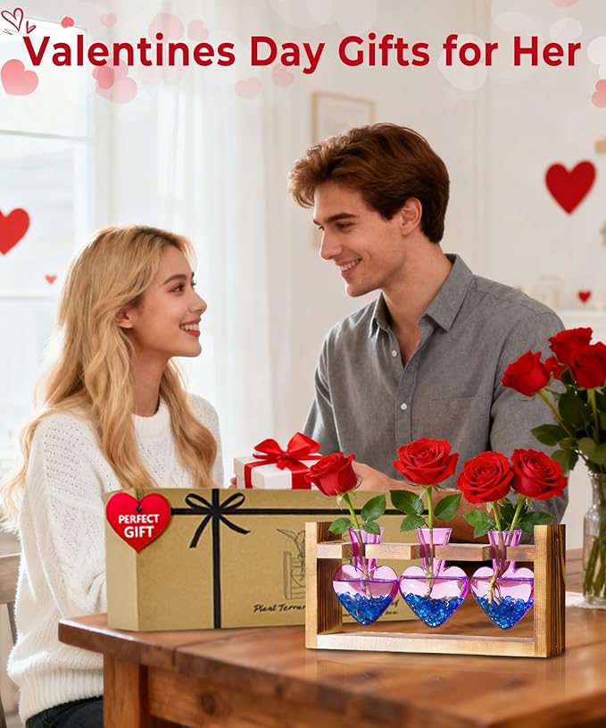 Nacome Plant Terrarium Propagation Stations: Valentines Day Gifts for Her Plant Lovers Women Mom Wife Daughter - 3 Bulb Glass Vase with Wooden Stand Tabletop for Hydroponics Indoor Home Decor(Purple)
