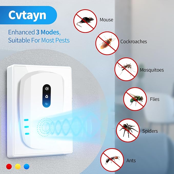 2026 Cvtayn Upgraded Ultrasonic Pest Repellent Indoor Repeller, Mouse Traps, Repellent Roach, Mouse, Bugs, Mosquito, Mice, Spider, Ant, Rodent Repellent Ultrasonic Plug in, 3 Mode Switching, 6 Packs