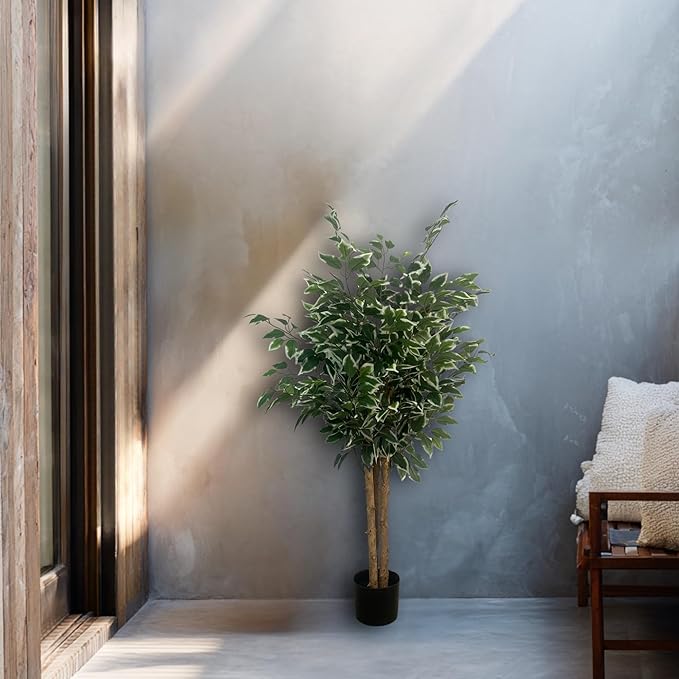 XBrand 47.2-Inches Two-Tone Variegated Artificial Ficus Tree in Pot for Indoor Outdoor Home Office Store, Great Housewarming Gift