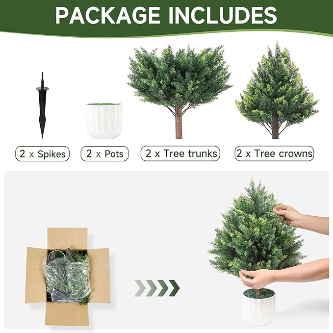 Gladeup 2FT Artificial Cedar Topiary Trees Set of 2 Detachable Planter & Spike,UV Resistant Faux Plants Outdoor and Indoor,Realistic Fake Bushes Pine Tree for Front Porch Decor Patio Offices Green