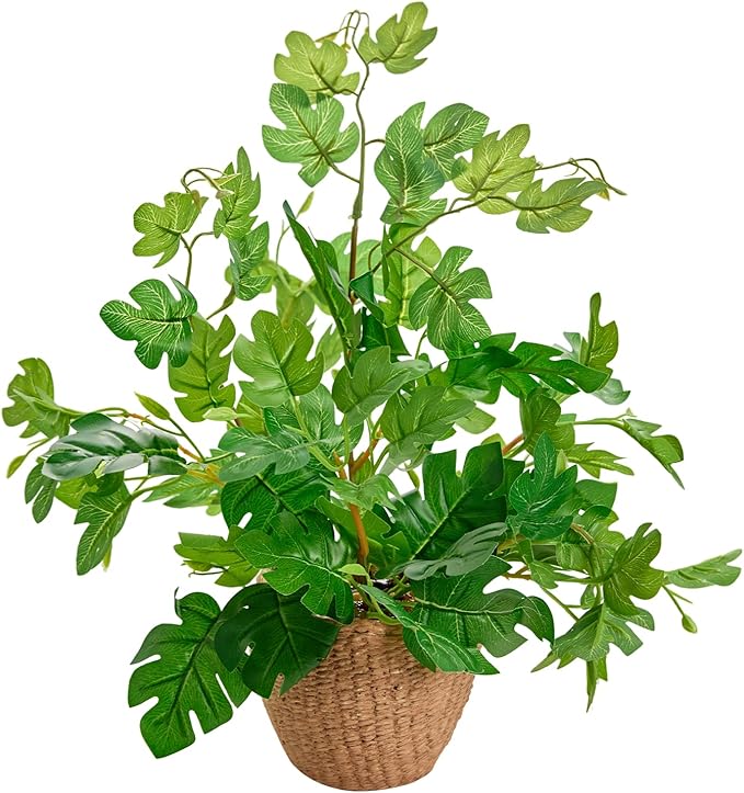 Arbolanta 14'' Decorative Faux Monstera Plant Potted in Yellow Woven Ceramic Planter Realistic Fake Greenery Artificial Plant for Home Office Bathroom Kitchen Bedroom Tabletop Decor