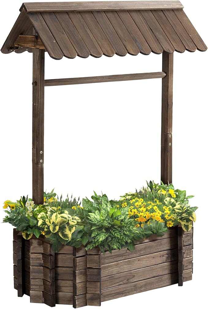 Outsunny Wishing Well Planter, Wooden Raised Garden Bed, Ornamental Outdoor Flower Planter for Outdoor Garden, Yard, Lawn, and Home Decor
