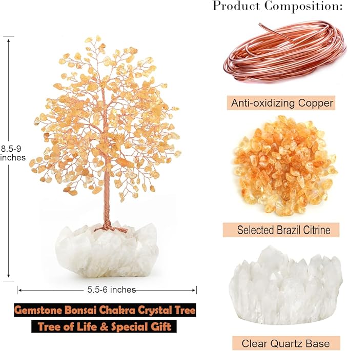 MASGEMES Gemstone Crystal Tree of Life,Natural Citrine with Row Clear Quartz Base,Chakra Healing Crystals Positive Energy Fengshui Decor Bonsai Money Tree,Home Decor Gift Height 8.5-9 Inches