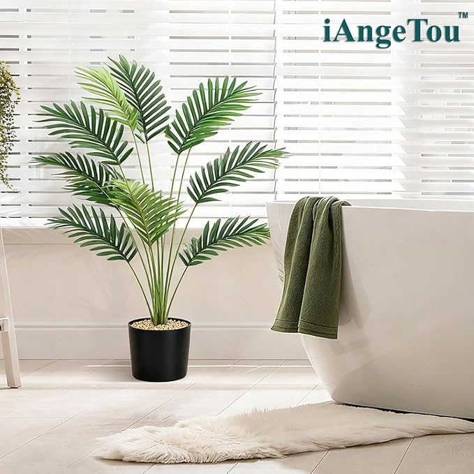 iAngeTou 2Pcs 28" Artificial Palm Trees in Pot - Faux Areca Plants for Indoor & Outdoor Decor, Perfect for Home, Office, Living Room, Kitchen, Balcony | Ideal Housewarming Gift