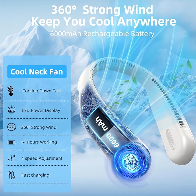 Kinhowly Portable Neck Fan,Hands Free Personal Wearable Bladeless Fan,6000mAh USB Rechargeable,360° Cooling,LED Display,4-Speeds,Birthday Gifts for Men Women Dad Mom,Valentines Day Gifts (Light grey)