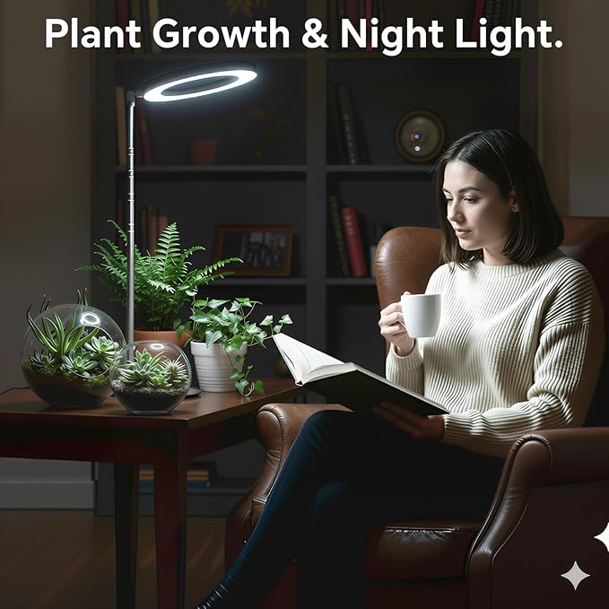 GTRUIIDY Desktop Grow Light, Height Adjustable Grow Lights for Indoor Plants Full Spectrum, 3 Lighting Mode, Halo Grow Light with Timer, Plant Lights for Indoor Growing (Black)