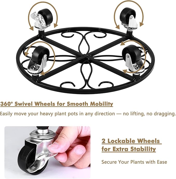 4 Pack Plant Caddy with Wheels 13.5 Inch Rolling Plant Stand for Large Plants Heavy Duty Plant Rollers Metal Plant Dolly Rustproof Planter Stand Wrought Iron Plant Stands Flower Cart Indoor Outdoor