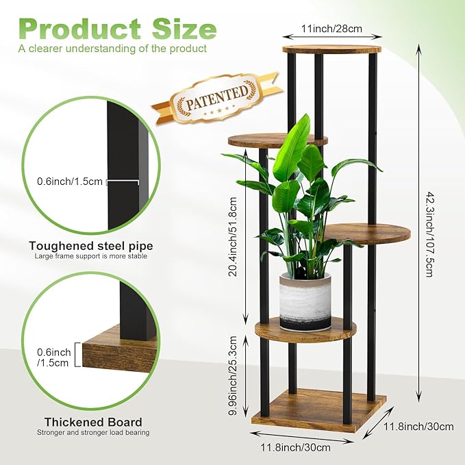 YOCOMEY 5 Tier Wood Tall Plant Stand Metal Rack Indoor, Multiple Flower Pot Holder Shelves Corner Rack, Round Planter Shelf Display Rack Storage Organizer for Patio Living Room Balcony(Black)