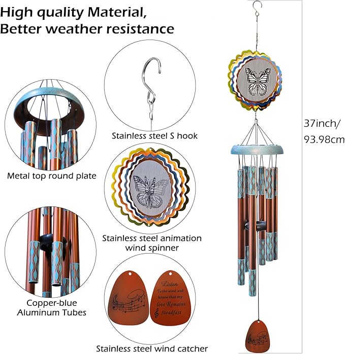Aoedelyart Wind Chimes for Outside with 3D Animations Butterfly Wind Spinner,37" Memorial Wind Chimes Outdoor Garden Decor,Butterfly Gift for Women Mom Grandma Wife,Patio Decorations,Garden Ornaments