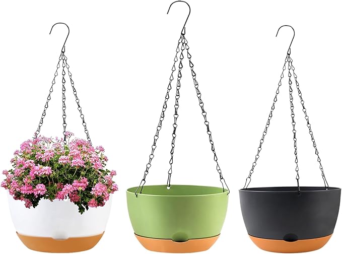 KPUVX 10 inch Hanging Planters for Indoor Outdoor Plants with Self-Watering Pots, 3 Pack Plastic Hanging Basket with Removable Tray for Home Garden Porch Balcony Patio Decor(White+Black+Green)