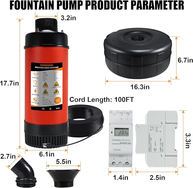 H1-1 Pond Fountain Aerator - 1HP 750W 16000 GPH Floating Aerating Pump with Timer, 120V/100FT Power Cord/2 Nozzles Outdoor Water Circulation Pump for Small Large Ponds, Lakes, Water Gardens