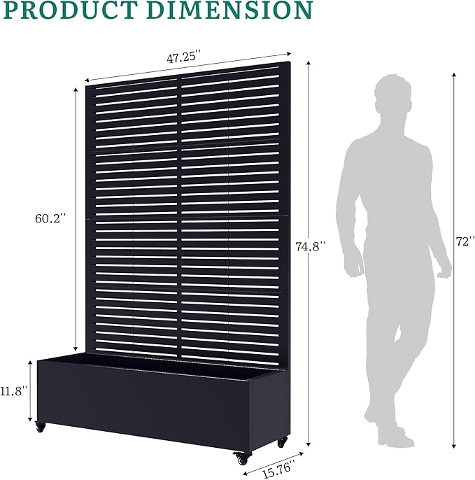Metal Planter Box with Trellis, Galvanized Steel Raised Garden Bed with Privacy Screen, Lockable Casters, 73"x47"x16" Planter with Drainage Holes for Outdoor Climbing Plants, Vegetables, Patio
