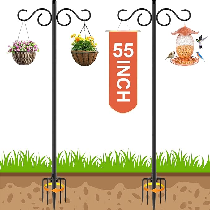 NUERPO Adjustable Shepherd Hooks for Outdoor,2 Pack 55 Inch 5 Prong Base Bird Two Sided Feeder Poles,Heavy Duty Shepherds Hook,Suitable for Garden in Hanging Flower Basket,Lantern,Bird Nests