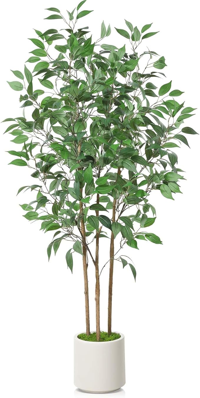 SOGUYI Ficus Artificial Tree 5ft Tall Fake Ficus Tree for Home Decor Indoor Faux Silk Ficus Plant Fake Floor Plant in White Imitation Ceramic Planter with Green Fake Moss, Set of 1