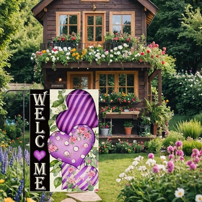 Welcome Valentines Day Garden Flag 12x18 Inch Double Sided Small Burlap Purple Hearts and Floral Seasonal Decor for Outdoor Yard Patio Porch