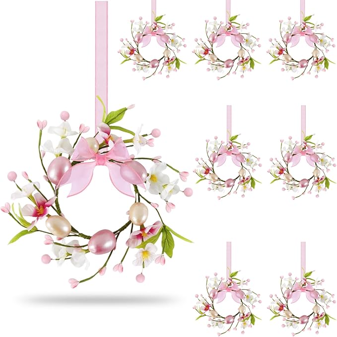 8 PCS Small Easter Wreaths for Kitchen Cabinet Mini Artificial Easter Egg Flower Wreath for Front Door Spring Summer Hanging Wreath with Pink Ribbon Berry for Home Porch Wall Window Farmhouse Decor
