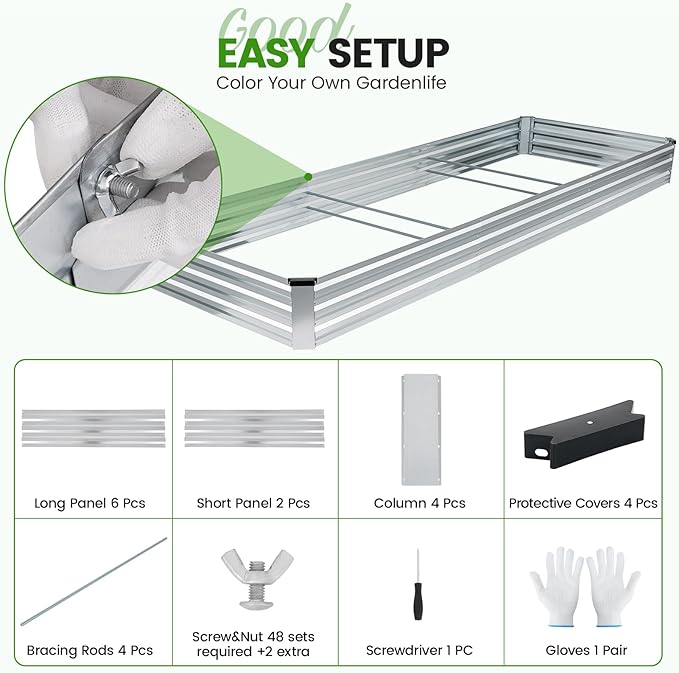 G GOOD GAIN 12x4x1ft Galvanized Raised Garden Bed, Heavy-Duty Metal Planter Boxes Outdoor for Vegetables Flowers Herbs, Silver(1 Pack)