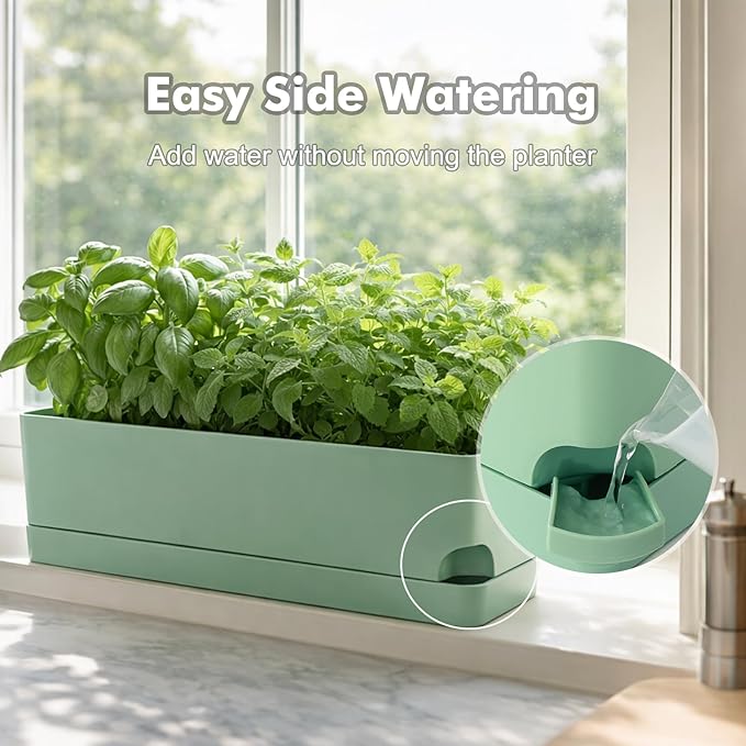 Party Zealot Window Boxes Planters, 5 Pack Self Watering Pots for Indoor Plants 17 Inch Rectangular Planter Rectangle Flower Pots Long Plant Pot Large Window Sill Herb Planter Box, Green