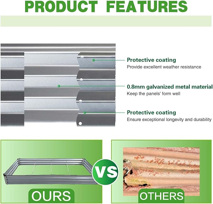 GrowHaus 8x4x1FT Galvanized Raised Garden Bed, Planter Boxes Outdoor Large Metal Garden Beds for Planting Vegetables Flowers Herbs Rectangle Silver