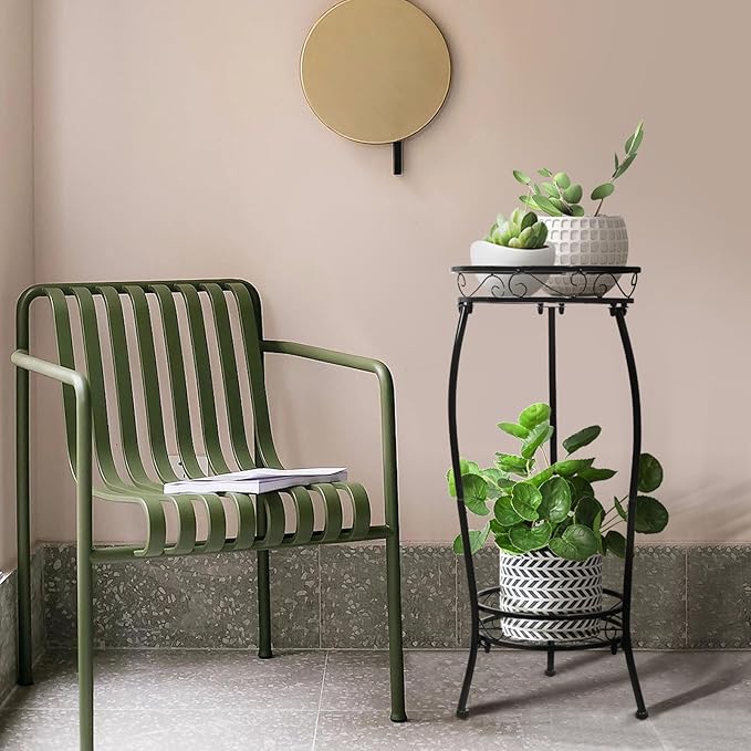 Cometofit Plant Stand Indoor Outdoor 2 Tier 27" Tall Metal Potted Holder Rack Flower Pot Stand Heavy Duty Plant Shelf Rustproof Iron Multiple Plant Round Supports Rack for Planter Corner Garden