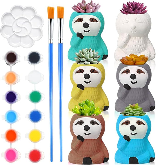 Pasimy 6 Set Ceramics to Paint DIY Ceramic Succulent Planter Pots Paint Your Own Flower Pots Craft Kit Unpainted Bisque Flowerpot with Brush Palette for Family Activity Holiday Gifts(Sloth)