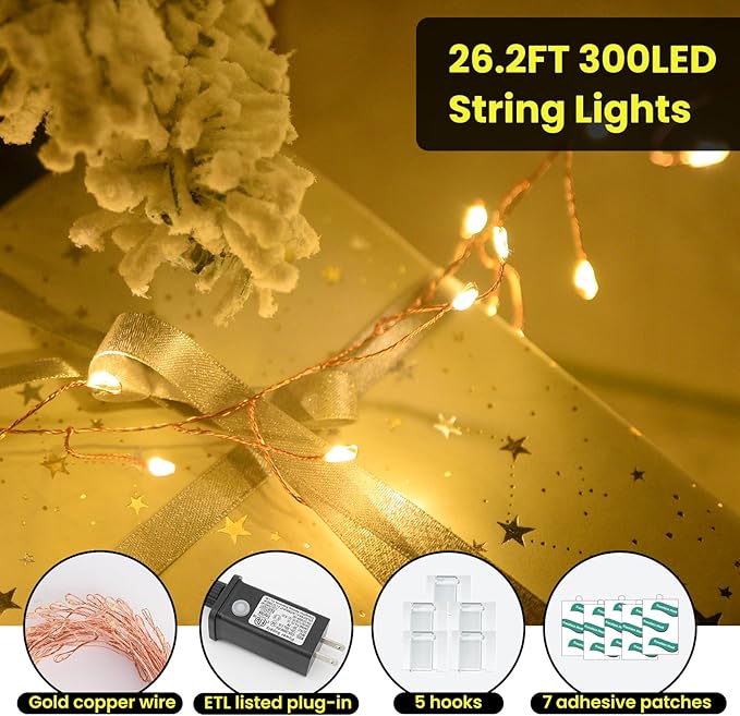 Dailyart 300 LED Fairy Lights with Remote, Warm White, 8 Modes, Plug in, Waterproof, Christmas Decoration, 10ft