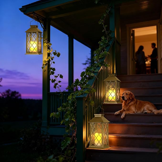 Otdair Solar Lanterns Outdoor Waterproof, 2 Pack 14" Solar Lantern with Glass Retro LED Flickering Flameless Candle,Lanterns Decorative Outdoor for Gift, Yard, Garden, Patio, Balcony, Brazen