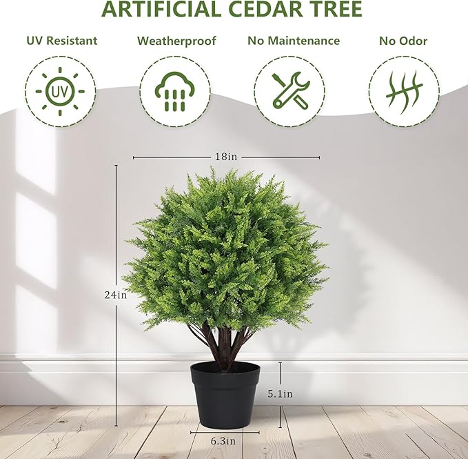 24" Artificial Cedar Topiary Trees Set of 2 – UV Resistant Faux Cypress Pine Plants for Outdoor Planters, Realistic Fake Bushes and Shrubs for Front Porch, Patio Christmas Decor – 2ft Tall