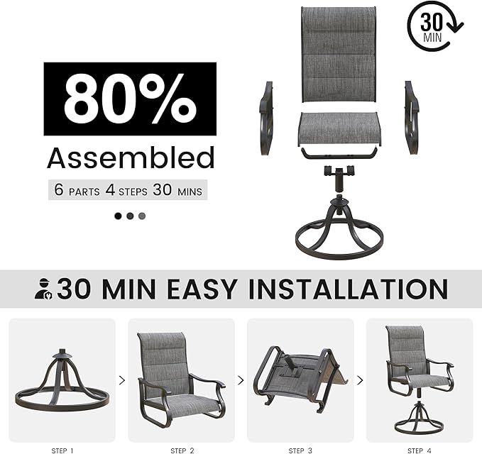 Patio Swivel Chairs Set of 4, Outdoor Dining Chairs with High Back, All-Weather Swivel Rocker Chair for Lawn, Porch or Garden (Padded Dark Grey)