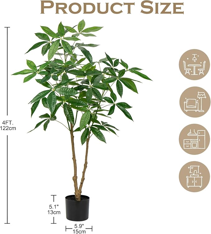 4FT Fake Money Tree - Indoor Potted Artificial Pachira Money Tree Tall Faux Plant in Black Pot - Good Luck & Fortune Plant for Home Office Decor